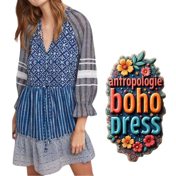 Anthropologie blue white boho Susan Tunic Dress by
Hemant & Nandita Size Small - Picture 15 of 15